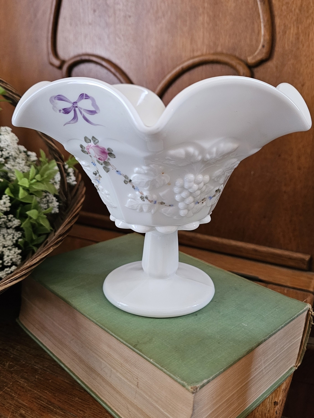 Vintage Westmoreland Milk Glass Pedestal Compote Hand Painted Roses & Purple Bow